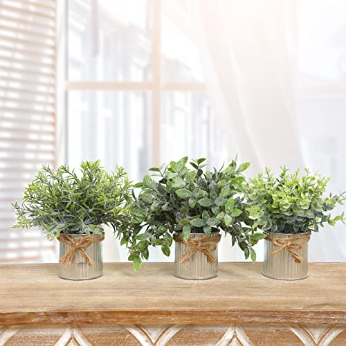 CEWOR 3 Pack Fake Potted Plants for Farmhouse Decor, Artificial Eucalyptus Metal Pots in Rustic Rectangular Pots Table Centerpiece for Dining Room Bathroom Desk Room Office Greenery Decor or Gift