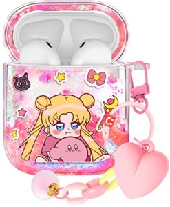 besoar for airpods 1/2 case bling glitter liquid quicksand cute cartoon anime kawaii with keychain for apple airpod cases sparkly design covers for girls women kids covers for air pods 2nd/1st shui