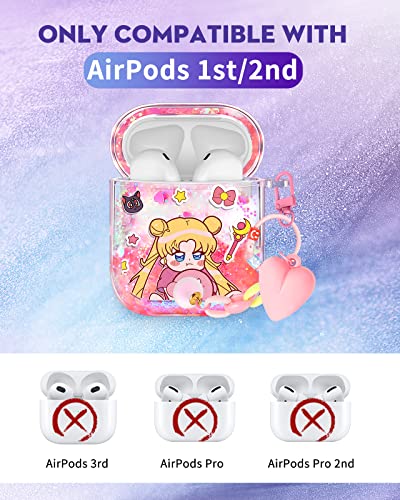 Besoar for AirPods 1/2 Case Bling Glitter Liquid Quicksand Cute Cartoon Anime Kawaii with Keychain for Apple AirPod Cases Sparkly Design Covers for Girls Women Kids Covers for Air Pods 2nd/1st Shui