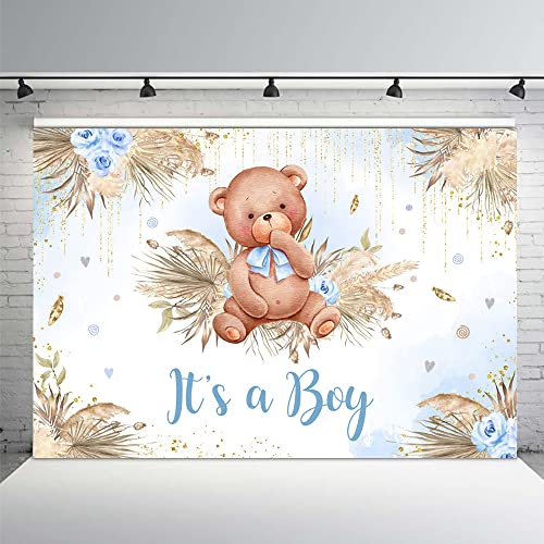 MEHOFOND Boho Bear Baby Shower Backdrop for Boy Baby Shower Party Decorations Bohemian Pampas Gass It's a Boy Baby Shower Photography Background Gold Glitter Dots Decor 7x5ft