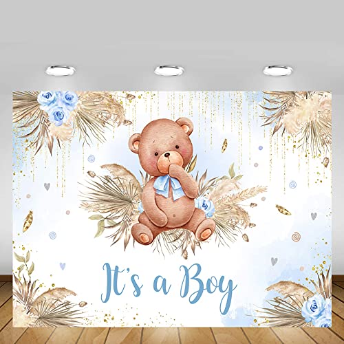 MEHOFOND Boho Bear Baby Shower Backdrop for Boy Baby Shower Party Decorations Bohemian Pampas Gass It's a Boy Baby Shower Photography Background Gold Glitter Dots Decor 7x5ft
