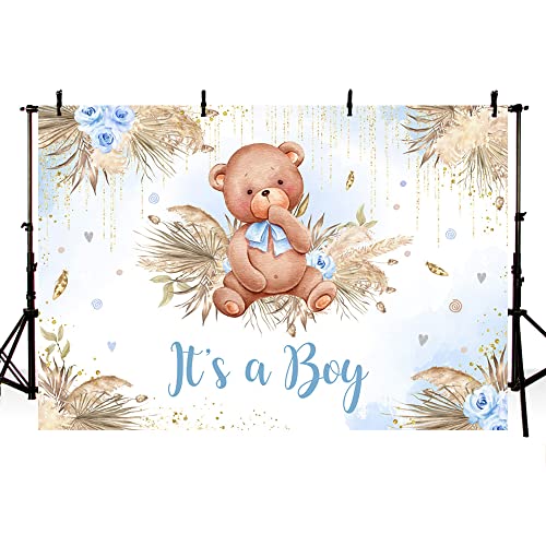 MEHOFOND Boho Bear Baby Shower Backdrop for Boy Baby Shower Party Decorations Bohemian Pampas Gass It's a Boy Baby Shower Photography Background Gold Glitter Dots Decor 7x5ft