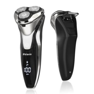 phisco electric shaver razor for men floating rotary, ipx7, led display, rechargeable, dry/wet, pop-up beard trimmer (black)