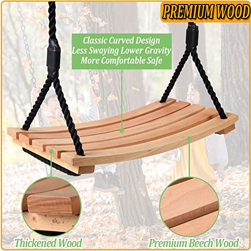 Adult Tree Swing Waterproof Wood Hanging Beech Tree Swings Garden Swing Chair Seat for Indoor Outdoor with Adjustable Rope (24''x10'')