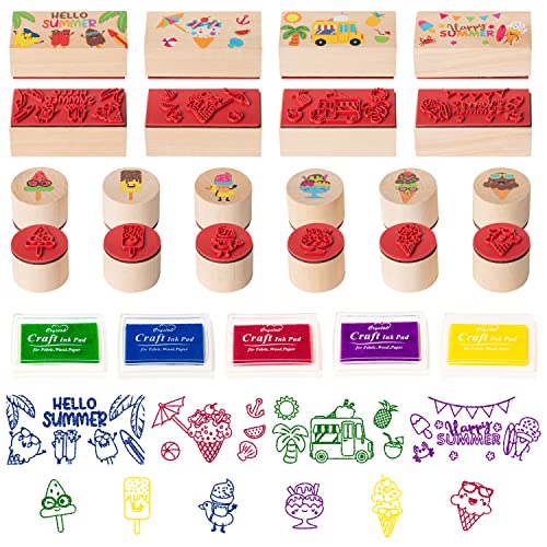 15Pcs Summer Ice-Cream Wooden Rubber Stamps for Crafting, Wood Rubber Stamp for Scrapbooking DIY Craft Card Stamps Pads Decorative Rubber Stamps Ink Pads for Kids Stamps Birthday Gift Card Making Kit