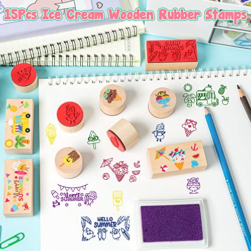 15Pcs Summer Ice-Cream Wooden Rubber Stamps for Crafting, Wood Rubber Stamp for Scrapbooking DIY Craft Card Stamps Pads Decorative Rubber Stamps Ink Pads for Kids Stamps Birthday Gift Card Making Kit