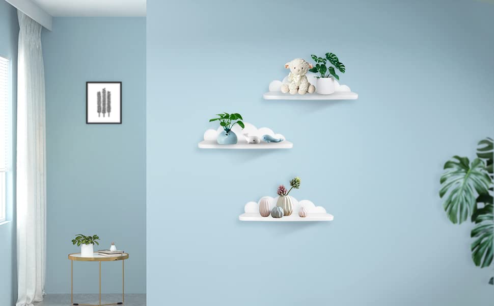 Veluckin Small Floating Shelves Mini Cloud Shelves Hanging Display Wall Shelf for Bathroom Livingroom Bedroom,3 Pack,with 2 Types of Installation,White