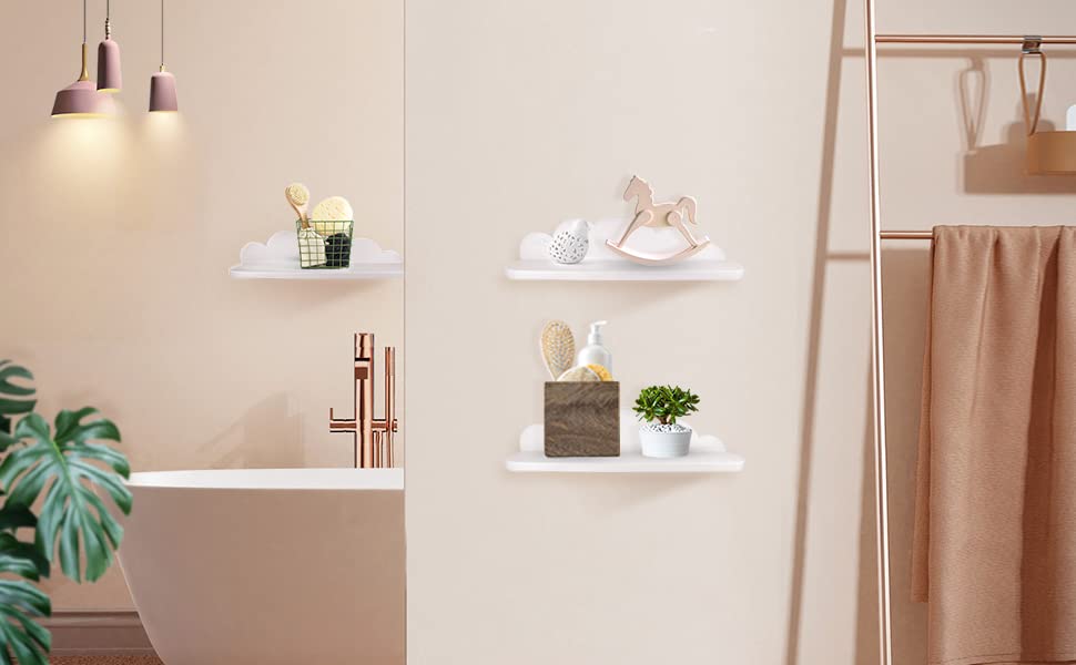 Veluckin Small Floating Shelves Mini Cloud Shelves Hanging Display Wall Shelf for Bathroom Livingroom Bedroom,3 Pack,with 2 Types of Installation,White