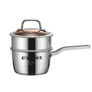 cyrder 1.5 quart saucepan with steamer basket, 18/8 premium stainless steel sauce pan, duty heavy pot, easy pour with ergonomic handle, all clad tri-ply multipurpose pot