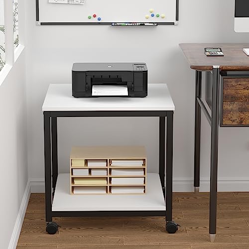 Homieasy Mobile 20 Inch Square End Table, 2-Tier Mini Fridge Printer Stand with Lockable Wheels, Metal Wood Accent Modern Simple Industrial Style Side Table for Living Room Bedroom, White