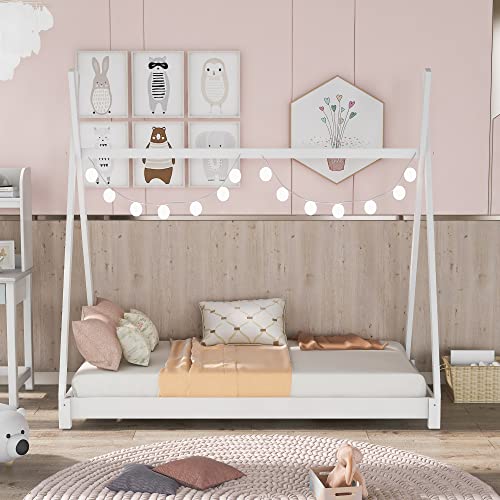 GLANZEND Twin Size House Platform Bed with Triangle Structure Montessori Beds Bedframe w/Wood Slat Support No Box Spring Needed, Easy to Assemble for Bedroom, Children Room, Living Room, White