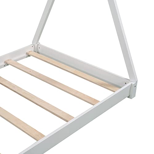 GLANZEND Twin Size House Platform Bed with Triangle Structure Montessori Beds Bedframe w/Wood Slat Support No Box Spring Needed, Easy to Assemble for Bedroom, Children Room, Living Room, White