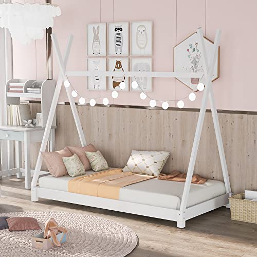 GLANZEND Twin Size House Platform Bed with Triangle Structure Montessori Beds Bedframe w/Wood Slat Support No Box Spring Needed, Easy to Assemble for Bedroom, Children Room, Living Room, White