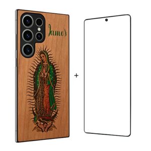 virgen de guadalupe custom engraved phone case for samsung phones + free tempered glass, printed case with screen protector for samsung s23/s23+/s22+/s22 ultra,s21/s21+/s21 ultra wooden phone case