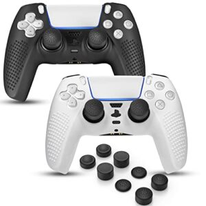 famomi ps5 controller skin, anti-slip soft silicone protective cover case for playstation 5 dualsense controller grip accessories, 2 pack with 8 x thumb grip caps (black&white)