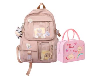 zuchon kawaii backpack with cute pendant & pin,large capacity school bags aesthetic backpacks for school cute bookbags (with lunch bag) pink