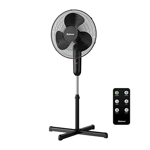 HOLMES 16" Digital Stand Fan, 80° Oscillation, 3 Speeds, 3 Modes, 7.5 Hour Timer, Adjustable Height, 30° Adjustable Head Tilt, Ideal for Home, Bedroom or Office, Remote Control, Black