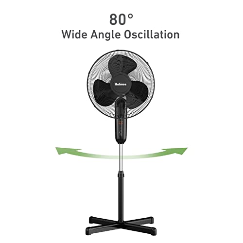 HOLMES 16" Digital Stand Fan, 80° Oscillation, 3 Speeds, 3 Modes, 7.5 Hour Timer, Adjustable Height, 30° Adjustable Head Tilt, Ideal for Home, Bedroom or Office, Remote Control, Black