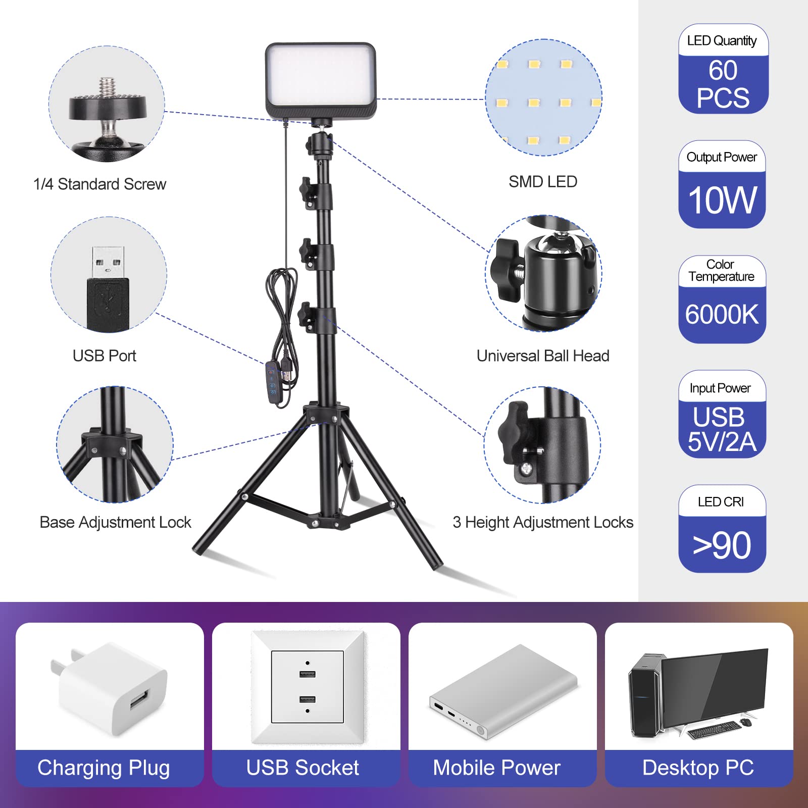 Torjim LED Video Lighting Kit, 2PCS Photography Lighting with Adjustable Tripod Stand & 5 Color Filters for Photo/Conference Lighting/Live Streaming/Vlogging/Video Recording/TikTok