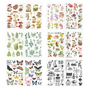12 sheets rub on transfers for furniture crafts butterfly flower plant stickers for journaling scrapbooking supplies mushroom botanical rub on decor transfers sticker decals diy scrapbooking bullet journal album supplies