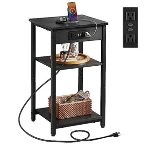 wlive end table with charging station and usb ports, 3-tier side table with adjustable shelf, side table with outlet for small spaces, living room, bedroom, black