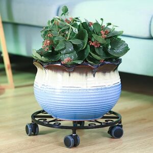 5 Pack Plant Caddy with Wheels Heavy Duty 16 Inch Large Metal Plant Stand with Wheels Plant Dolly Rolling Plant Stand Plant Roller with Casters for Indoor and Outdoor with 5 Pack Plant Saucers, Black