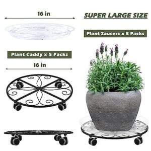 5 Pack Plant Caddy with Wheels Heavy Duty 16 Inch Large Metal Plant Stand with Wheels Plant Dolly Rolling Plant Stand Plant Roller with Casters for Indoor and Outdoor with 5 Pack Plant Saucers, Black