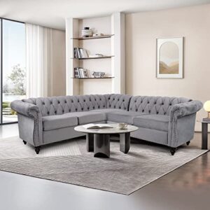 qhitty l-shaped sofa, sectional chesterfield couch 5-seater velvet upholstered small accent tufted sofa with rolled armrest and nailhead design for living room, apartment, office (grey)