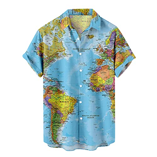 SMIDOW Funny World Map Print Hawaiian Shirts for Men Short Sleeve Button Down Funky Summer Casual Beach Aloha Shirt