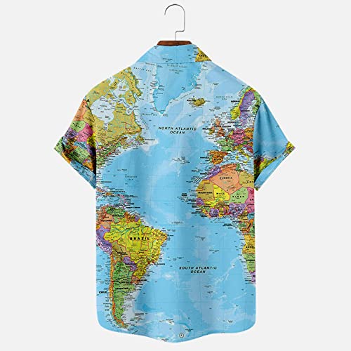 SMIDOW Funny World Map Print Hawaiian Shirts for Men Short Sleeve Button Down Funky Summer Casual Beach Aloha Shirt