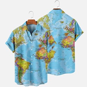 SMIDOW Funny World Map Print Hawaiian Shirts for Men Short Sleeve Button Down Funky Summer Casual Beach Aloha Shirt