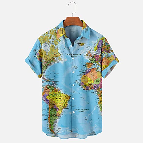 SMIDOW Funny World Map Print Hawaiian Shirts for Men Short Sleeve Button Down Funky Summer Casual Beach Aloha Shirt