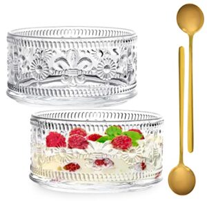 swetwiny glass bowl glass dessert bowls set, 15.5oz glass serving bowl with gold spoon ice cream bowls trifle bowl for dessert, ice cream, cereal, nuts, pudding (lily flower, set of 2)