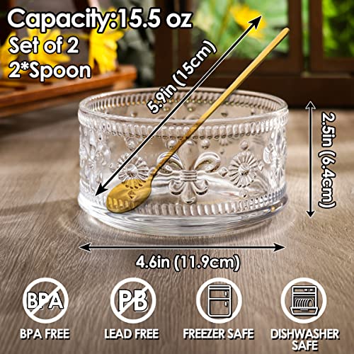 Swetwiny Glass Bowl Glass Dessert Bowls Set, 15.5oz Glass Serving Bowl with Gold Spoon Ice Cream Bowls Trifle Bowl For Dessert, Ice Cream, Cereal, Nuts, Pudding (Lily Flower, Set of 2)