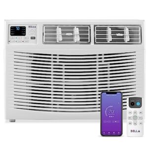della 8000 btu smart window air conditioner with wifi, geo auto temp on/off for where you are, energy star certified, remote/app control, quiet operation, with easy install kit, cools 300-350 sq.ft