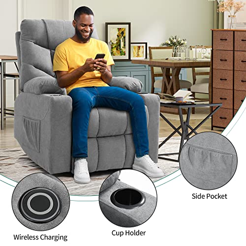 YITAHOME Recliner Chair with Wireless Charging, Electric Power Recliner Chair with Massage for Elderly, Fabric Reclining Loveseat with USB Ports, Side Pocket, Remote Control，Grey