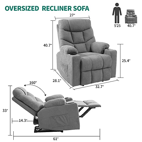 YITAHOME Recliner Chair with Wireless Charging, Electric Power Recliner Chair with Massage for Elderly, Fabric Reclining Loveseat with USB Ports, Side Pocket, Remote Control，Grey