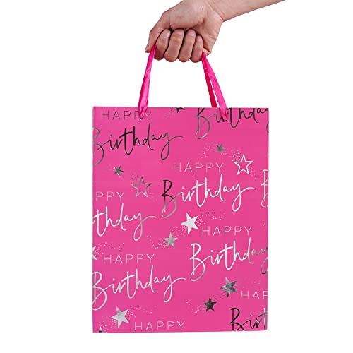 Elephant-package Paper Gift Bag Silver Metallic Happy Birthday Printed, Large Gift Bag for Kids Girls Birthday (12.6" Pink)