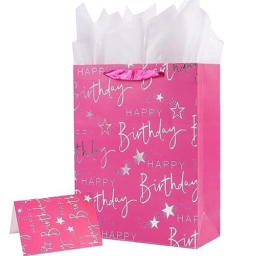 Elephant-package Paper Gift Bag Silver Metallic Happy Birthday Printed, Large Gift Bag for Kids Girls Birthday (12.6" Pink)