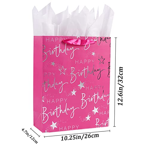 Elephant-package Paper Gift Bag Silver Metallic Happy Birthday Printed, Large Gift Bag for Kids Girls Birthday (12.6" Pink)