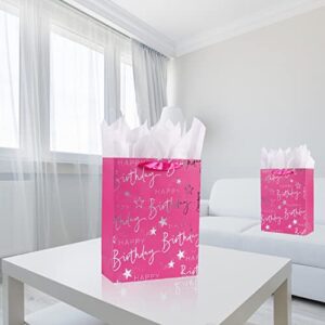 Elephant-package Paper Gift Bag Silver Metallic Happy Birthday Printed, Large Gift Bag for Kids Girls Birthday (12.6" Pink)