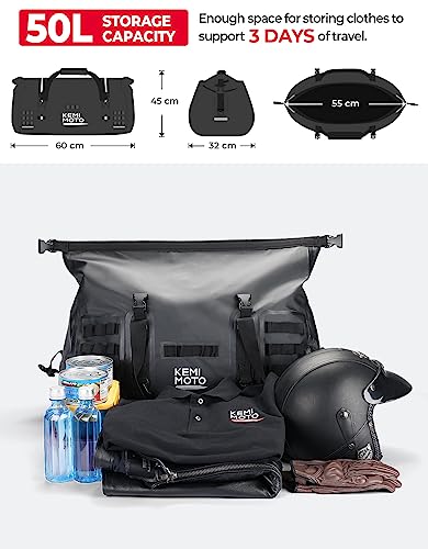 KEMIMOTO Motorcycle Dry Bag 50L, 500D PVC Waterproof Duffel Bag Motorcycle Luggage Travel Tail Bag Back Seat Rack Trunk Bag Comapatible with Touring Adventure for Motorcycle Trip Camping Rainproof