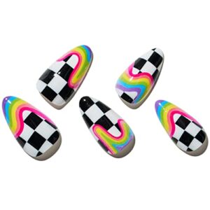 glamermaid press on nails medium short almond, 24pcs acrylic oval fake nails with checkerboard rainbow design y2k stick glue on nails pride rainbow reusable stiletto false nail tips with adhesive tabs