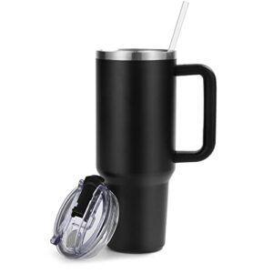 soozelen 40oz tumbler with handle & straw lid, insulated travel mug, double walled keeps drinks cold & heat for long time（black）