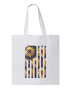 sunflower us flag design, reusable tote bag, lightweight grocery shopping cloth bag, 13” x 14” with 20” handles