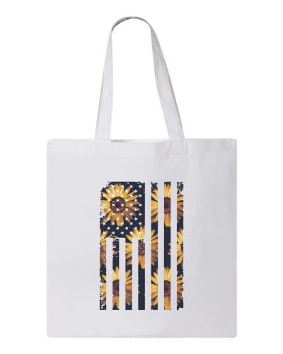 SUNFLOWER US FLAG DESIGN, Reusable Tote Bag, Lightweight Grocery Shopping Cloth Bag, 13” x 14” with 20” Handles