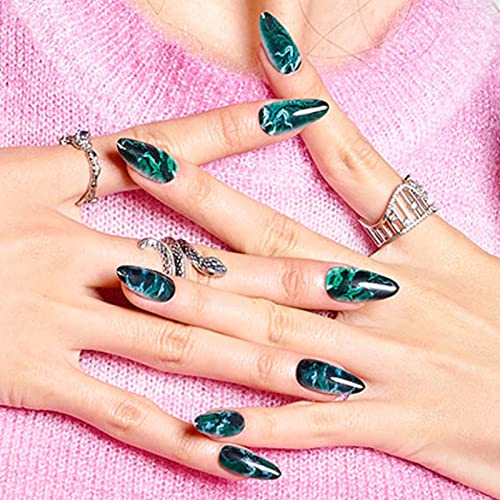 Short Almond Press on Nails, Green Leaves GLAMERMAID Glue on Nails with Design Fake Nails, Medium Oval Ferns Stick on False Nail Kits for Women Girls Gift, Reusable Stiletto Acrylic Nails Sets