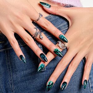 Short Almond Press on Nails, Green Leaves GLAMERMAID Glue on Nails with Design Fake Nails, Medium Oval Ferns Stick on False Nail Kits for Women Girls Gift, Reusable Stiletto Acrylic Nails Sets