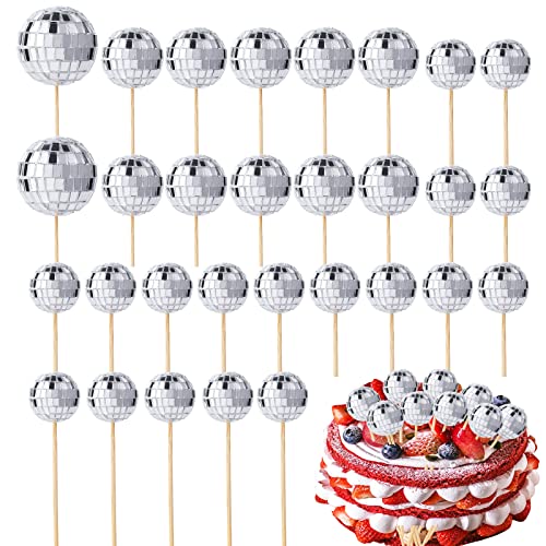 30 Pieces Disco Ball Cupcake Toppers Mini Disco Ball Picks Disco Theme Cake Toppers for Cake Decorations Cupcake Decor Dessert Accessories Disco Party Ornament (Silver)