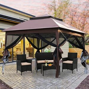 xxkseh 10x10 pop-up instant gazebo tent with mosquito netting outdoor canopy shelter with 112 square feet for patio garden backyard (brown)